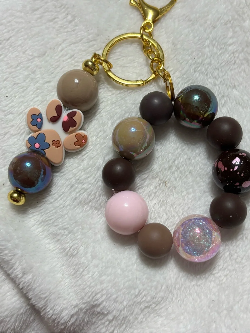Beaded Brown & Pink Paw Flower Charm Keychain Accessory